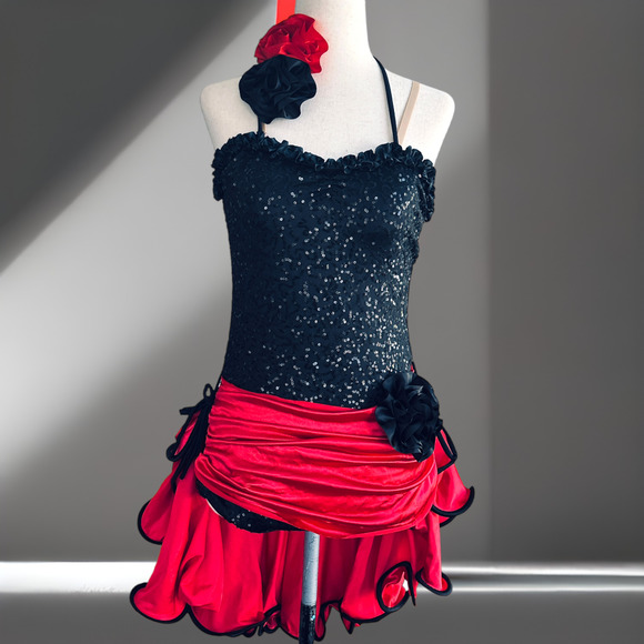 Women's Red & Black One-Piece Sequin Sexy Dance Halloween Costume Size Medium - Picture 3 of 9